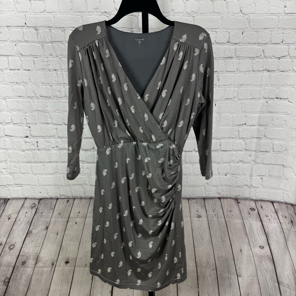 Garnet Hill feather print ruched jersey dress Sz XS gray comfort stretchy